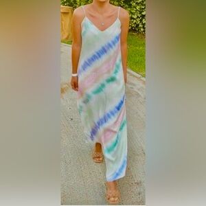 Zara Midi Slip Dress Low Cut striped tie dye light pastel multi color size XS